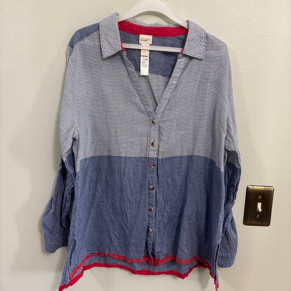 Chico's Gray and Blue stripe Button Down Shirt size 3 - Picture 1 of 7